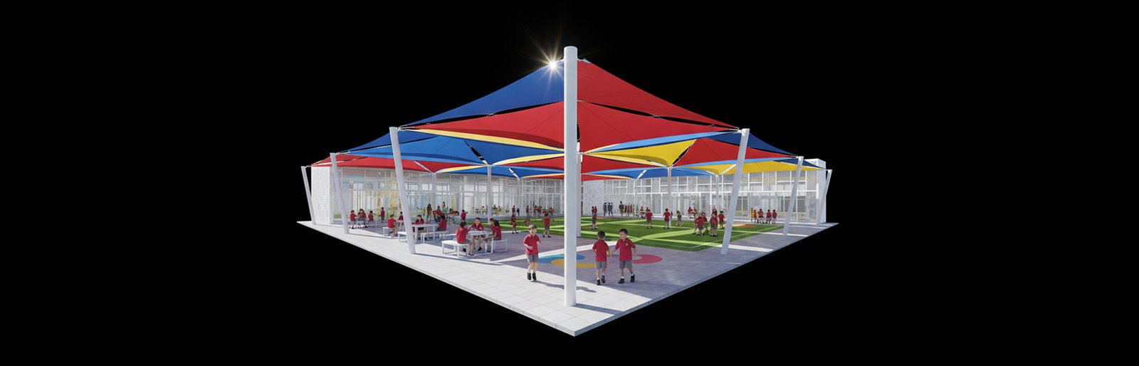 مظلات مدارس بتصميم آمن توفر الظل والحماية للطلاب في ساحات المدارس